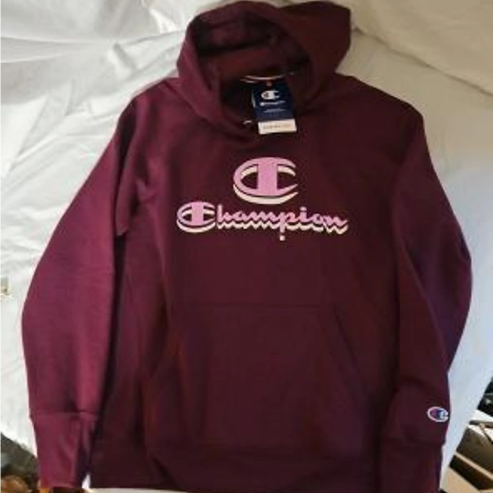 Champion Burgundy Hoodie with Pink and White Logo